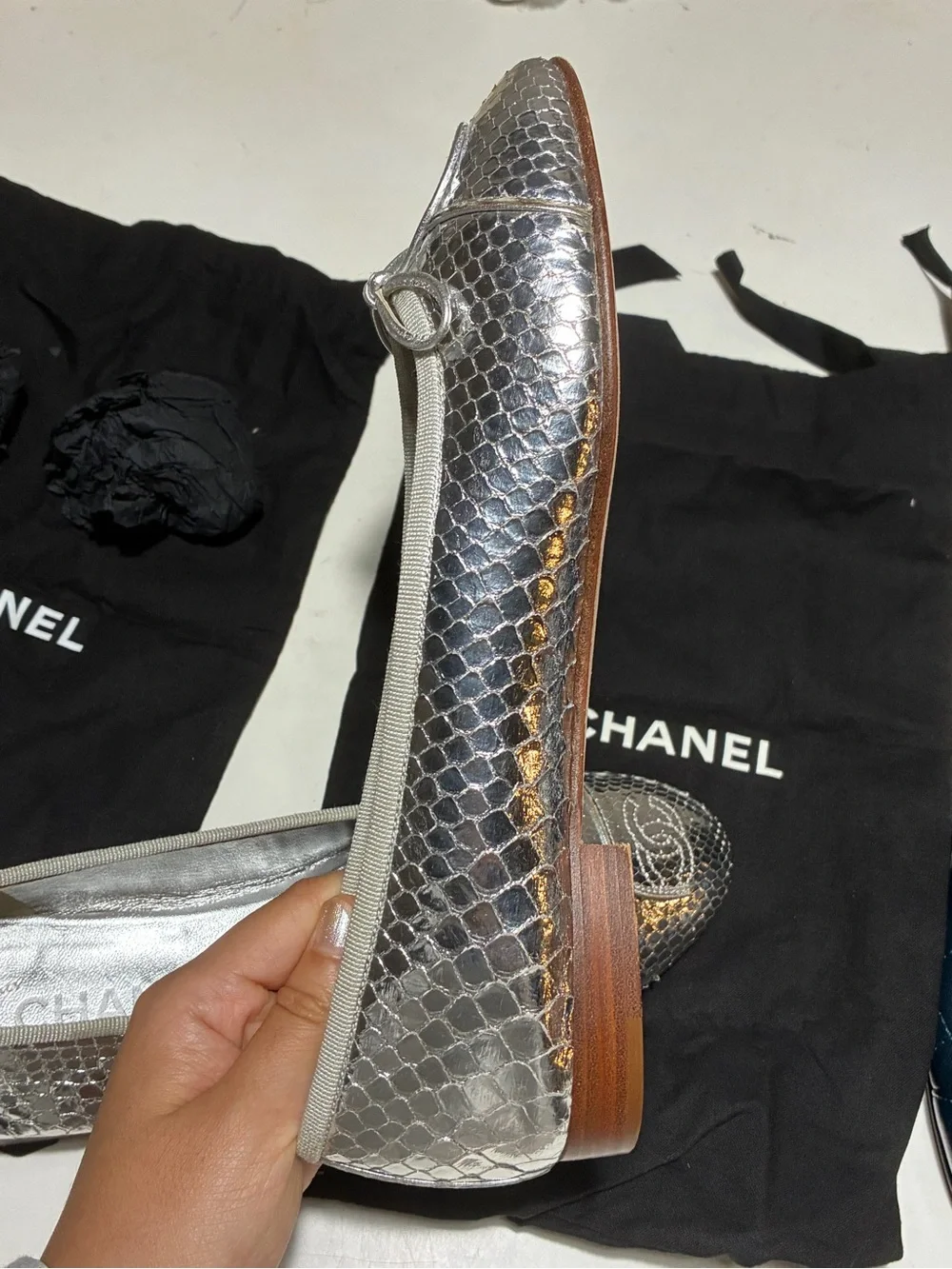 CHANEL Silver Metallic Snakeskin Quilted Ballerina Flats